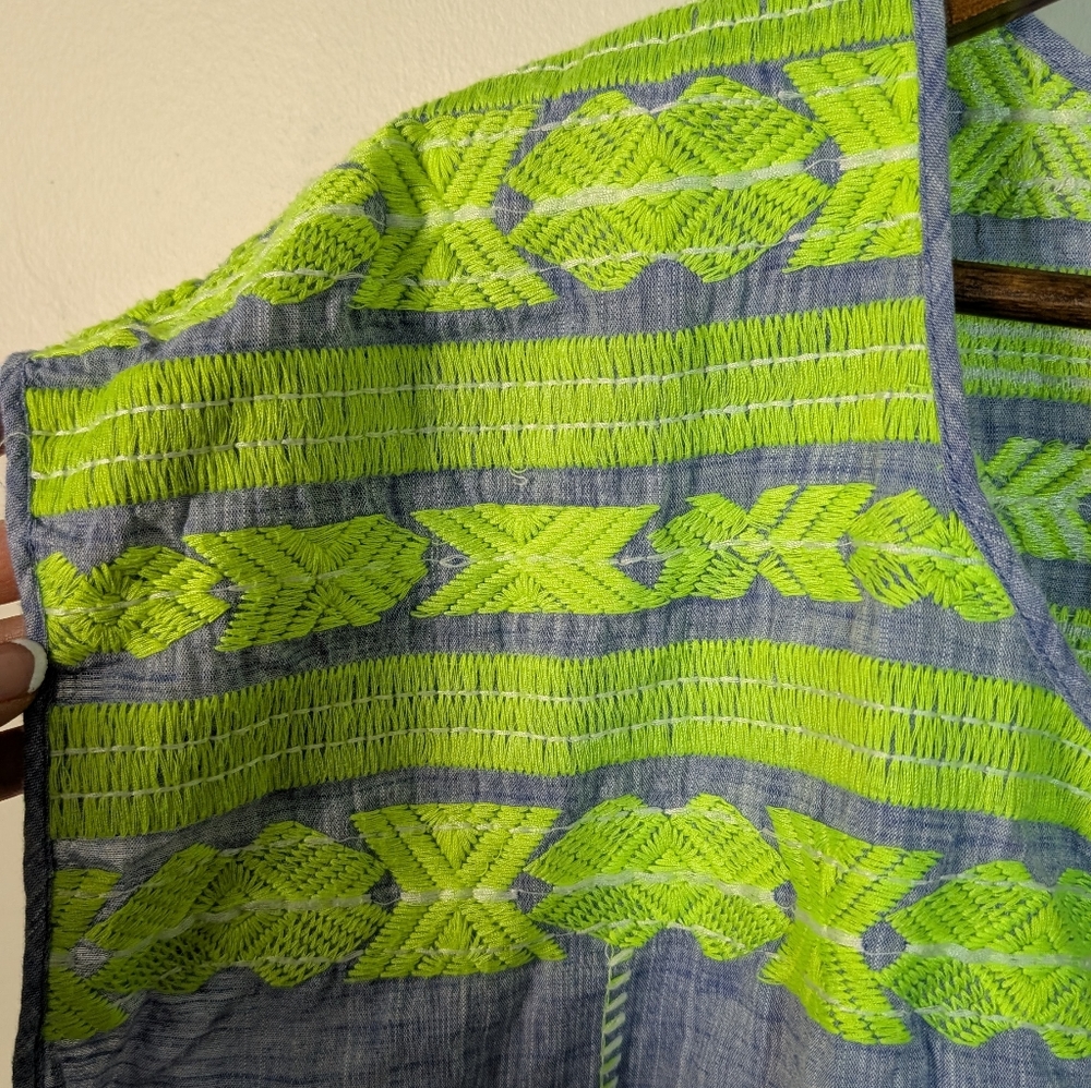 J.Crew Embroidery Neon Green Blue Chambray Linen Mini Cover Up Dress - Picture 5 of 10